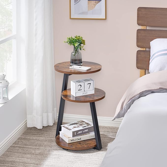 BEWISHOME Round End Table Side Table with Metal Frame, Accent Nightstand Bedside Table with 3-Tier Shelves, Small Couch Coffee Table for Living Room Bedroom Rustic Brown KTZ41Z-NeatNest
