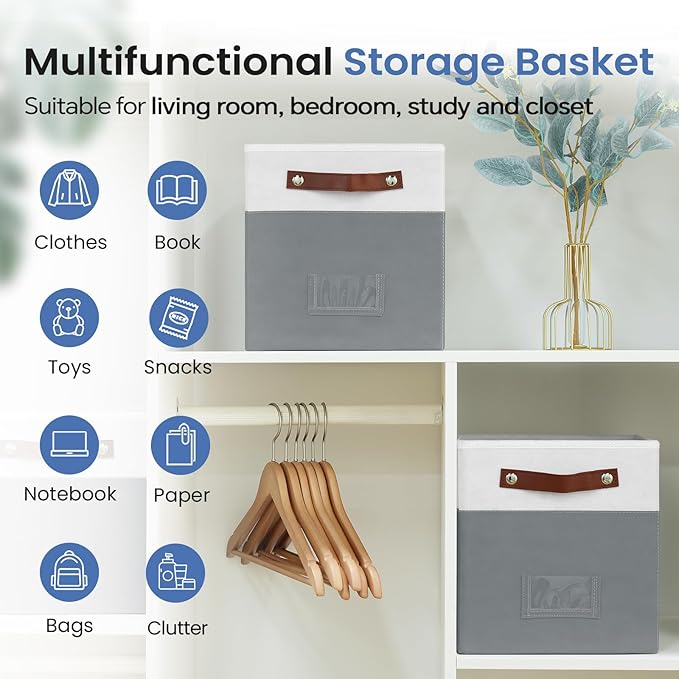 6-Pack Collapsible Fabric Storage Cubes with Handles & Label Holders, Closet Cube Home Organizer Bins (White/Dark Grey, 10.5*10.5*11 inch)