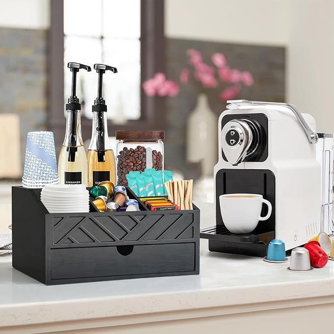 Farmhouse Coffee Bar Accessories Organizer - Countertop Coffee Station with Drawer, Pod Holder & Condiment Organizer (Black)-NeatNest
