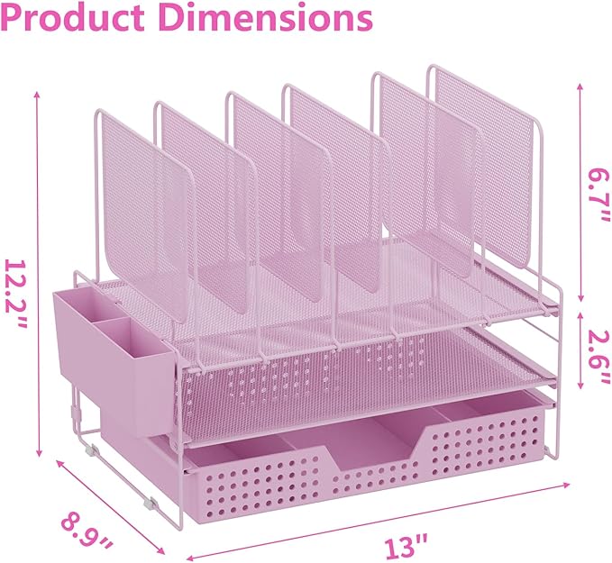 Desk Organizer, Office Organization with Vertical File Holder, File Organizer with Drawer and Pen Holder, Desk Accessories and Workspace Organizers for Home Office (Pink)-NeatNest