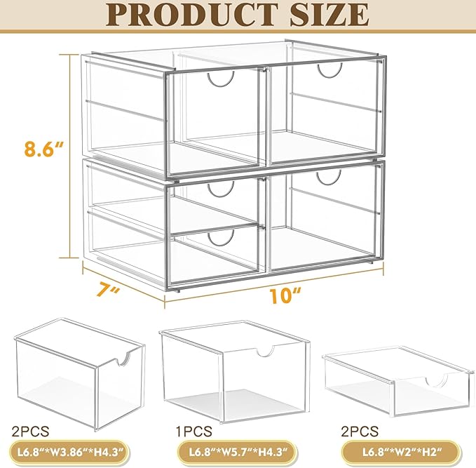 Arcylic Makeup Organzier with 5 Drawers, Clear Stackable Storage Drawers, Bathroom Countert Organizer,Plastic Storage Bins For Vanity, Cabinets, Pantry, Home Organization and Storage-NeatNest