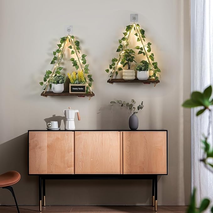 Floating Shelves for Wall No Drilling,Wall Dcorations Art,Hanging Shelf,Leaves and Light Strip with Flower,Set of 2 Plant Decor for Home House Livingroom Bedroom Officer,Boho Decor,Gifts for Woman-NeatNest