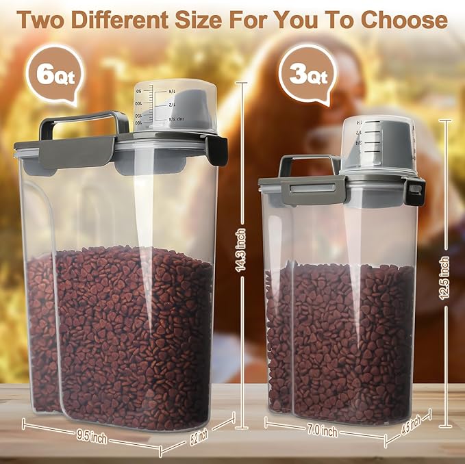 Dog Food Storage Container, 5-7 Lbs Airtight Pet Food Container, Cat Food Container Dispenser with Portable Handle, Pouring Spout and 4 Seal Buckles for Dogs Cats 2 Pack Grey-NeatNest