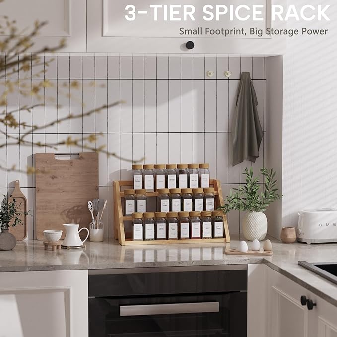 Bamboo Spice Rack Organizer -3-Tier Spice Rack for Countertop,Cabinet Spice Rack Organizer for 27 Spice Jars(4oz),Step Shelf (yellow)