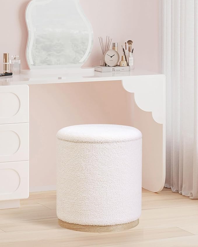 B FSOBEIIALEO Storage Ottoman Round Boucle Ottomans with Tray, Set of 2 Teddy Foot Rest Ottoman Cube with Storage for Living Room, Cream White 15"x15"x16.9"