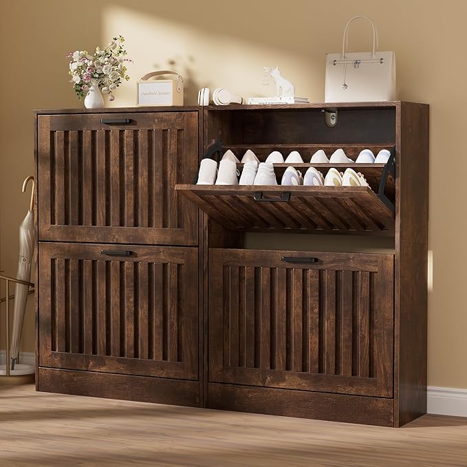 Shoe Storage Cabinet for Entryway with 2 Flip Drawers, Wooden Shoe Organizer with Adjustable Shelf, Freestanding Wood Fluted Panel Shoes Cabinet Closed Shoe Rack for Hallway, Foyer, Walnut-NeatNest