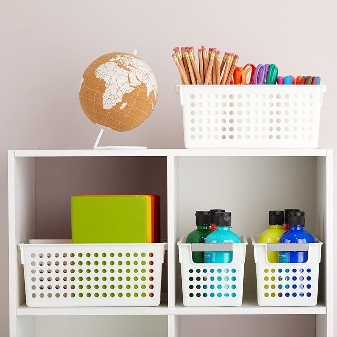 Farmlyn Creek Storage Baskets for Shelves - 4-Pack White Plastic Baskets w/ Gray Handles, 11.5 x 5.25 x 5 in - Narrow Shelf Bins & Closet Storage Bins for Bathroom, Nursery