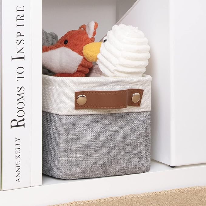 DULLEMELO Fabric Bathroom Storage Bin with Leather Handles, Narrow Organizer for Towels, Toilet Paper Rolls, Storage Basket for Back of Toilet, Vanities, Shelves & Cabinets (White&Gray)-NeatNest