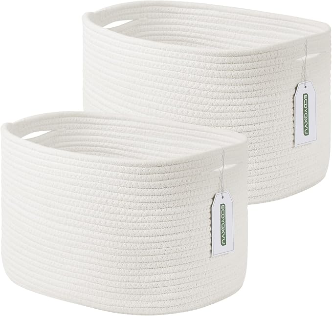 Cotton Rope Storage Basket, 15x10x9 Inches, Woven Basket for Shelves, Clothes, Toys, Towels, Books, and Laundry, Durable and Stylish, White (2 Pack)-NeatNest