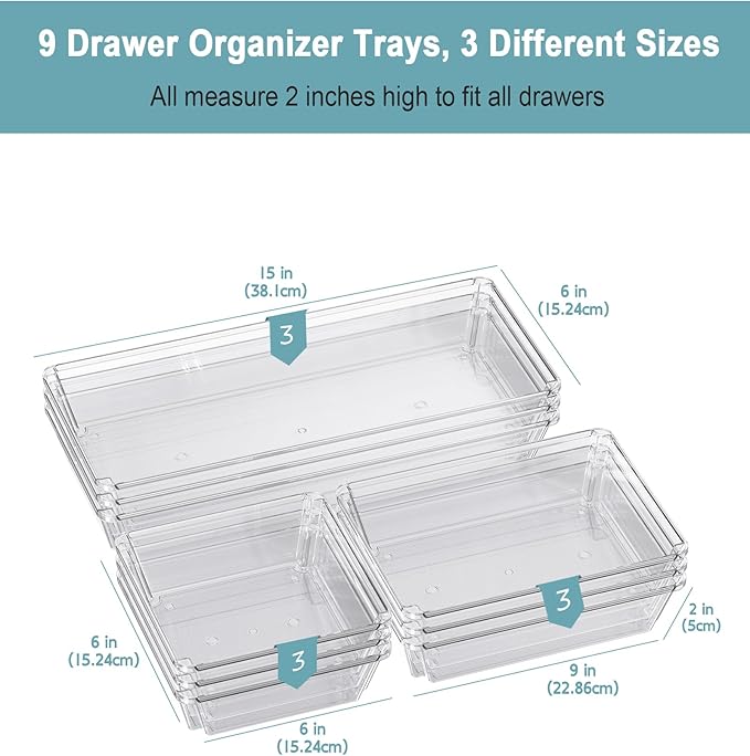 9 Pack Large Clear Plastic Drawer Organizer Trays, Desk Drawer Organizers and Storage Dividers, Non-Slip Storage Bins for Jewelry, Snacks, Office, Bathroom, Bedroom and Kitchen-NeatNest