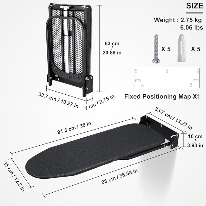 Duwee 12"×36" Wall Mounted Ironing Board,Folding Ironing Board Cabinet with Heat Resistant Cover,Compact Wall Mount Fold Down Iron Board for Small Spaces