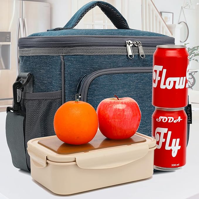 FlowFly Insulated Reusable Lunch Bag Adult Large Lunch Box for Women and Men with Adjustable Shoulder Strap,Front Zipper Pocket and Dual Large Mesh Side Pockets,Royal-NeatNest