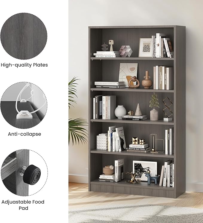 Farini 60 Inch Tall 5-Shelf Bookcase, Wood Bookshelf Storage Organizer Adjustable Shelf for Home Office, Study Room, Easy Assembly,Grey