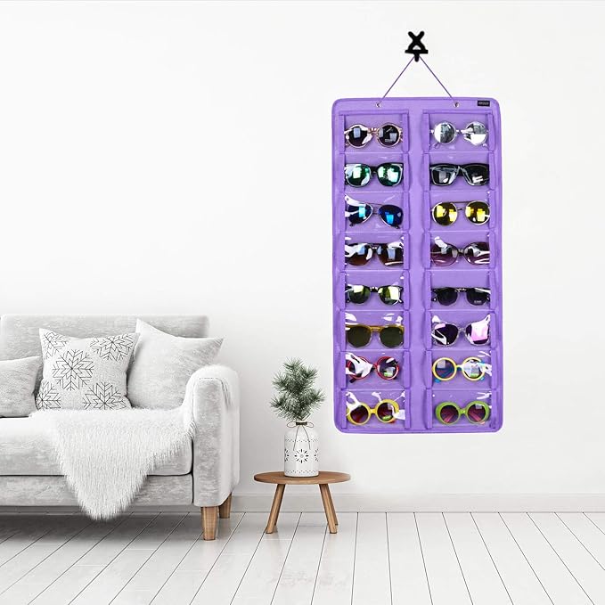AROUY Sunglasses Organizer Storage, Hanging Dust Proof Wall Pocket Glasses Organizer - 16 Felt Slots Sunglass Organizer Holder with Metal Hook and Sturdy Rope (Dust Proof, Purple)-NeatNest
