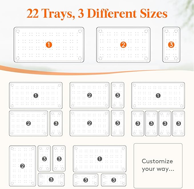 Lifewit 22 Pcs Large Bathroom Drawer Organizers, 3 Sizes Clear Plastic Storage Organizer Trays for Make Up, Kitchen Utensils, Vanity Accessories in Bathroom/Office/Dresser Organization
