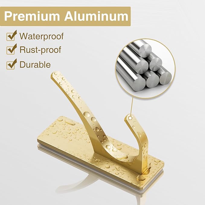 10 Pack Self Adhesive Coat Hooks for Hanging, Heavy Duty Stainless Double Wall Hook for Towel, Backpack, Hat, Sturdy Metal Hanger for Bathroom, Bedroom, Door, Wall Mounted, Brushed Gold