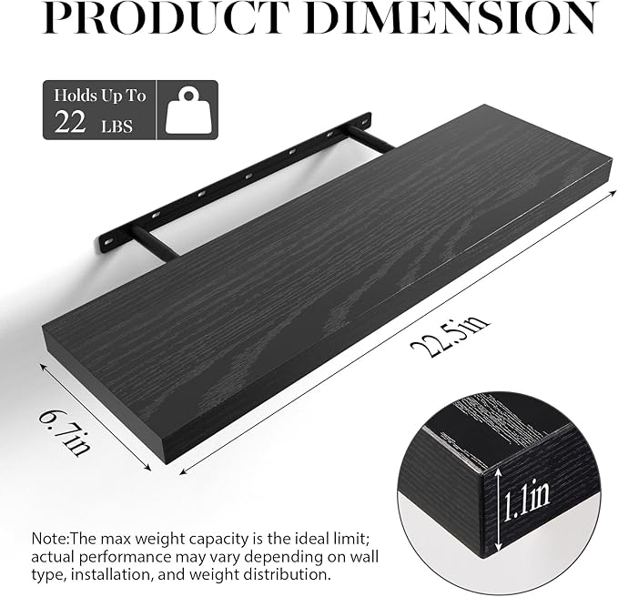 BAYKA Floating Shelves for Wall, 22.5" Wall Mounted Rustic Wood Shelves for Bathroom, Bedroom, Living Room, Kitchen, Office, Hanging Shelf for Books/Storage/Room Decor Capacity (Black, Set of 2)-NeatNest