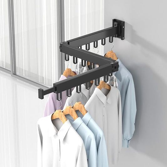 Clothes Drying Rack, Laundry Drying Rack Wall Mount for Bathroom, Retractable and Foldable Clothes Hanging Rack with U-Hooks for Laundry Room, Balcony, Closet, Bedroom(Tri-Fold), Black-NeatNest