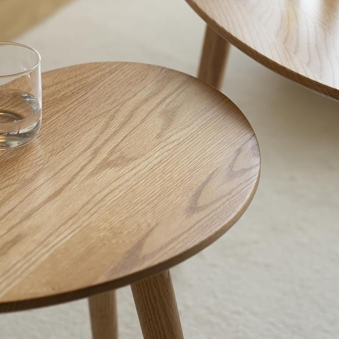 Small Oval Nesting Table, Mid Century Coffee Table for Living Room,Solid Oak Wood End Tables,Triangle Tabletop with 3 Legs,Minimalist Display Living Tables (Original Wood Color, 3 Pieces)