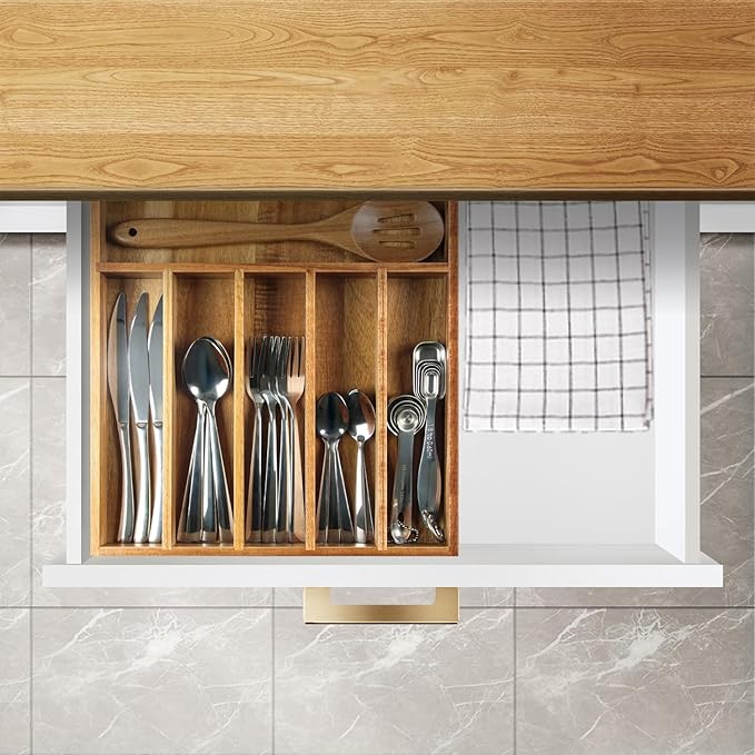 Acacia Wood Silverware Organizer, Kitchen Utensil Drawer Organizer, Fork and Spoon Utensil Holder Organizer. Can Also Be Used To Organize Jewelry, Tools, Office Supplies and Make Up. (5 bulkheads)
