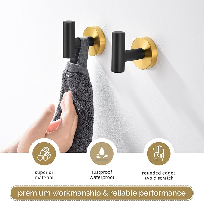 Angle Simple Black & Gold Towel Hook 2 PCS, Stainless Steel Bathroom Robe Holder, Round Coat Hand Towel Hanger, Wall Mounted