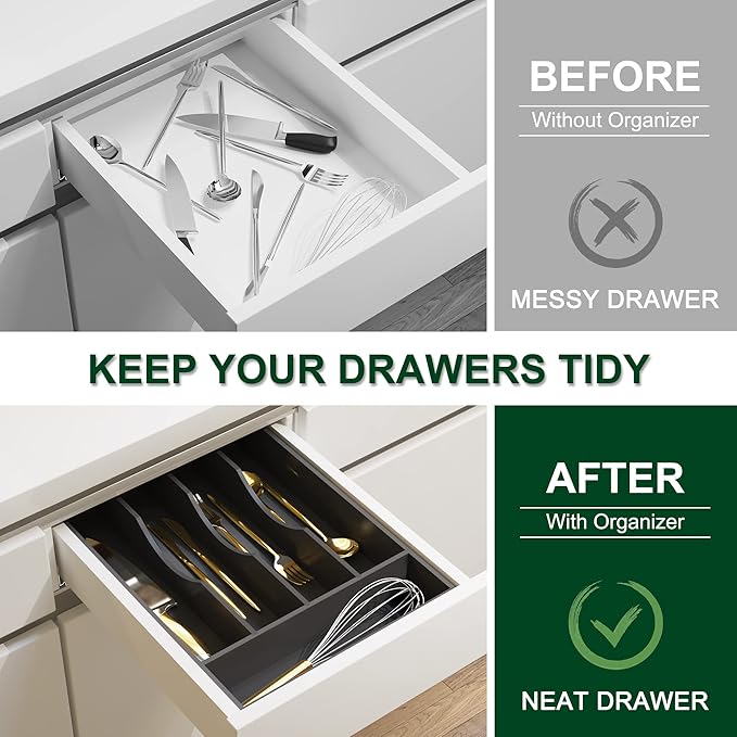 Bellsal Black Utensil Organizer 10 Inch Silverware Tray for Utensil Holder Cutlery Organizer Kitchen Drawer Organizer 5 Compartment Small Narrow Bamboo-NeatNest