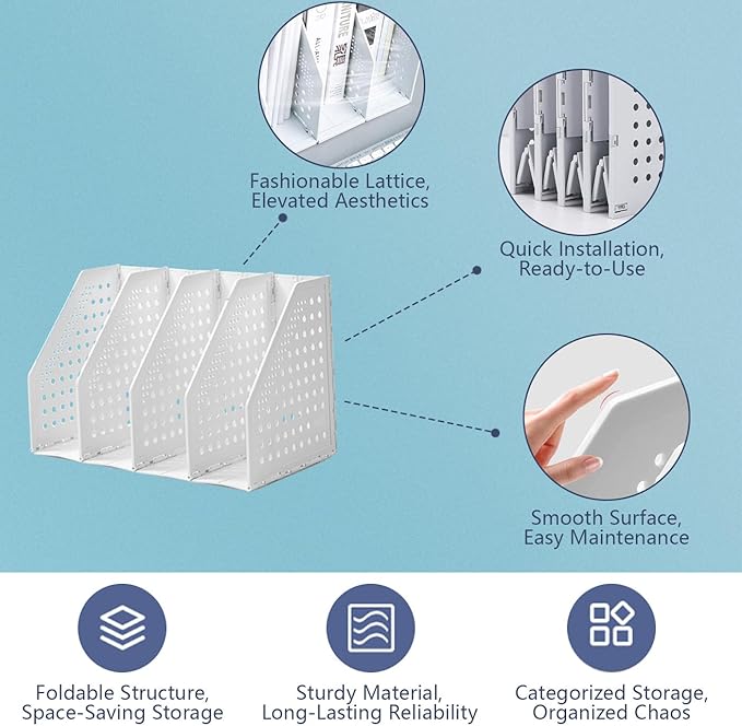 deli Collapsible Magazine File Holder 4 Vertical Compartment Binder Holder for Desk Organizer Adjustable Sturdy Binder Storage Organizer for Office School Home(Blue)-NeatNest