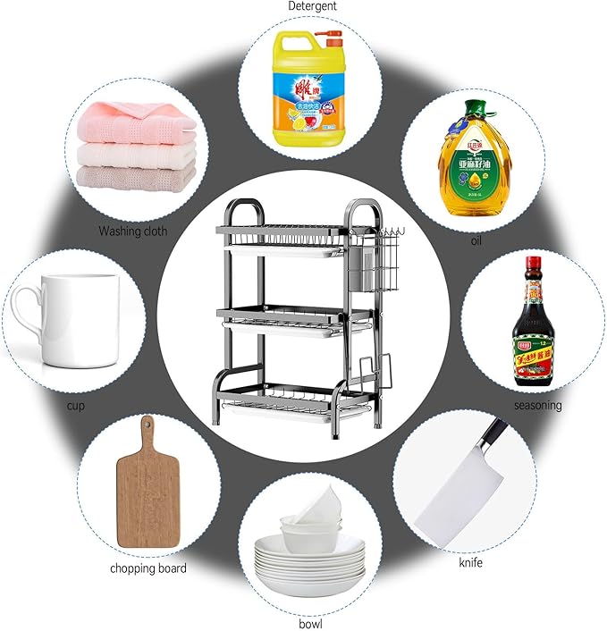 KUK Dish Drying Rack 3 Tier Iron Utensil Holder Over The Sink Dish Rack Drain Drainer Dish Organizer for Countertop Drying Rack Home Kitchen