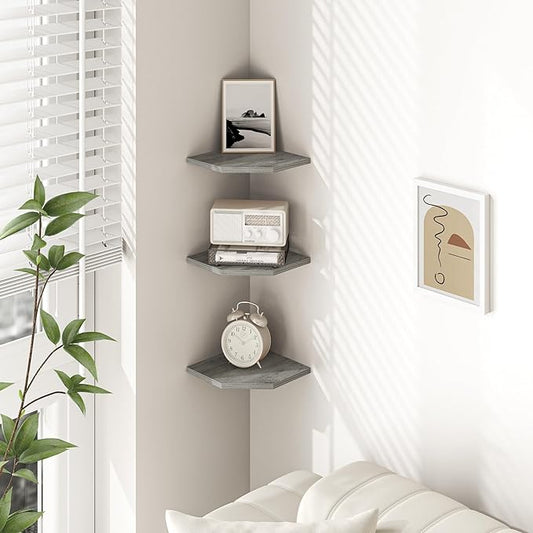 Corner Shelf Wall Mount, Floating Corner Shelves, Set of 3 Corner Wall Shelf Organizer, Rustic Wood Wall Storage Display Shelves for Living Room Bedroom Bathroom Kitchen, Rustic Grey-NeatNest