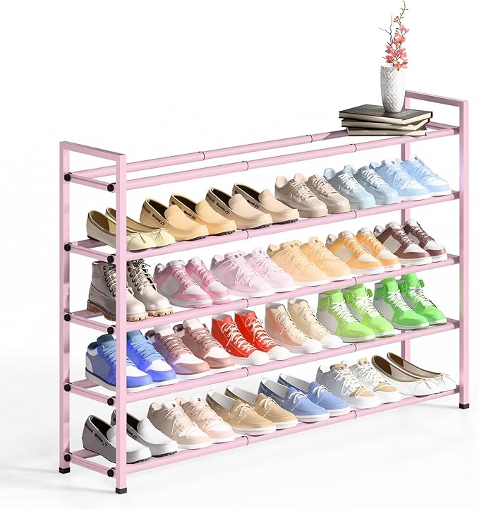 Bumusty 5-Tier Long Expandable Shoe Rack for Closet, 18"-44" Adjustable Shoe Rack for Entryway, 25-30 Pairs Large Shoe Organizer Shelf Storage, Sturdy Metal, Pink-NeatNest