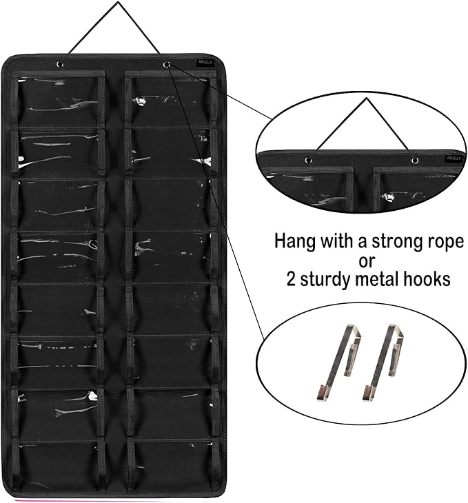 AROUY Sunglasses Organizer Storage, Hanging Dust Proof Wall Pocket Glasses Organizer - 16 Felt Slots Sunglass Organizer Holder with Metal Hook and Sturdy Rope (Black, Dust Proof)-NeatNest