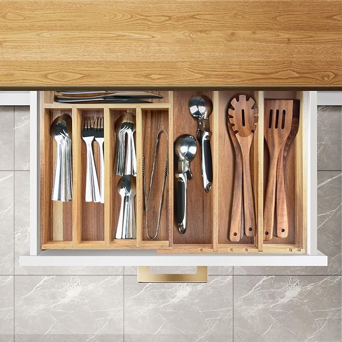 Acacia Wood Silverware Organizer, Kitchen Utensil Drawer Organizer, Fork and Spoon Utensil Holder Organizer. Can Also Be Used To Organize Jewelry, Tools, Office Supplies and Make Up. (5 bulkheads)