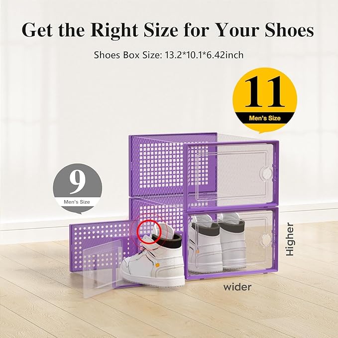 Kuject X-Large Shoe Storage Boxes Organizers Clear Plastic Stackable 12 Pack, Shoe Rack & Holder Substitute, Sneaker Containers, Toy Storage Organizer Bins for Entryway, Closet, Under Bed, Purple-NeatNest