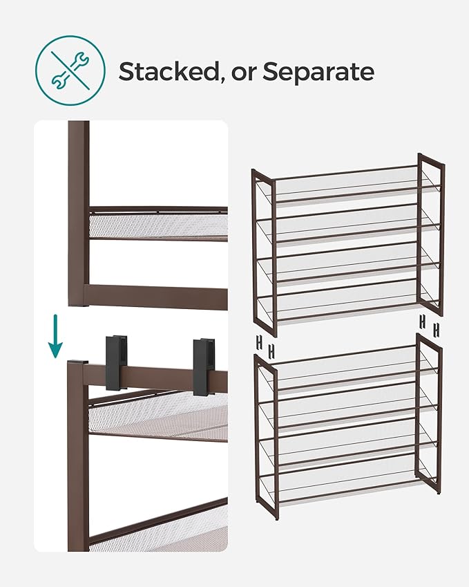 SONGMICS Shoe Rack, 8-Tier Shoe Organizer, Metal Rack for Garage, Set of 2, 4-Tier Stackable Shelf, with Adjustable Flat or Angled Shelves, 32-40 Pairs, Bronze ULMR08A-NeatNest