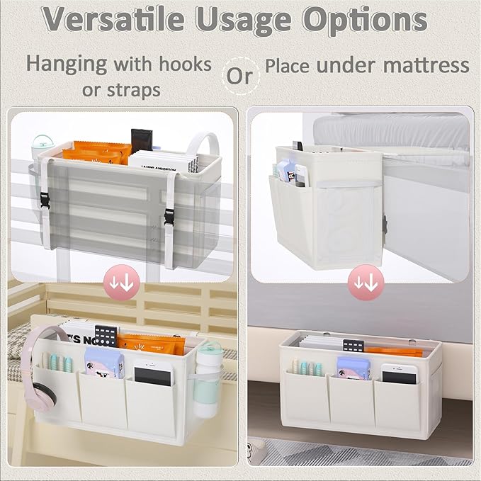 Dual-purpose Bedside Caddy Bedside Organizer, Bed Caddy with 6 Pockets, Versatile Bedside Storage Solution Magazine Remotes holder, ideal for Home, Dorm, Hospital, Crib Bed (White 2pcs)-NeatNest