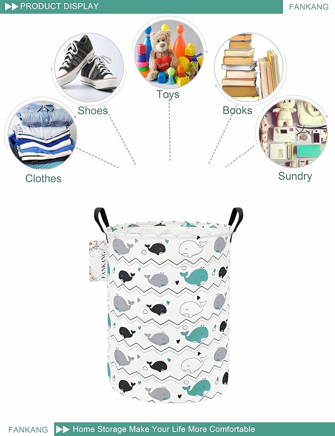 FANKANG Storage Basket, Nursery Hamper Canvas Laundry Basket Foldable with Waterproof PE Coating Large Storage Baskets for Kids Boys and Girls, Office, Bedroom, Clothes,Toys(Whales)