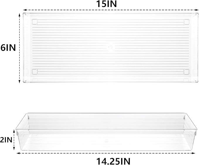 Backerysupply 4 Pack Storage Bins For Bathroom Cosmetic Makeup Vanity Clear Plastic Desk Drawer Organizers Tray Kitchen Utensils Silverware Dividers 15"x6"x2"-NeatNest
