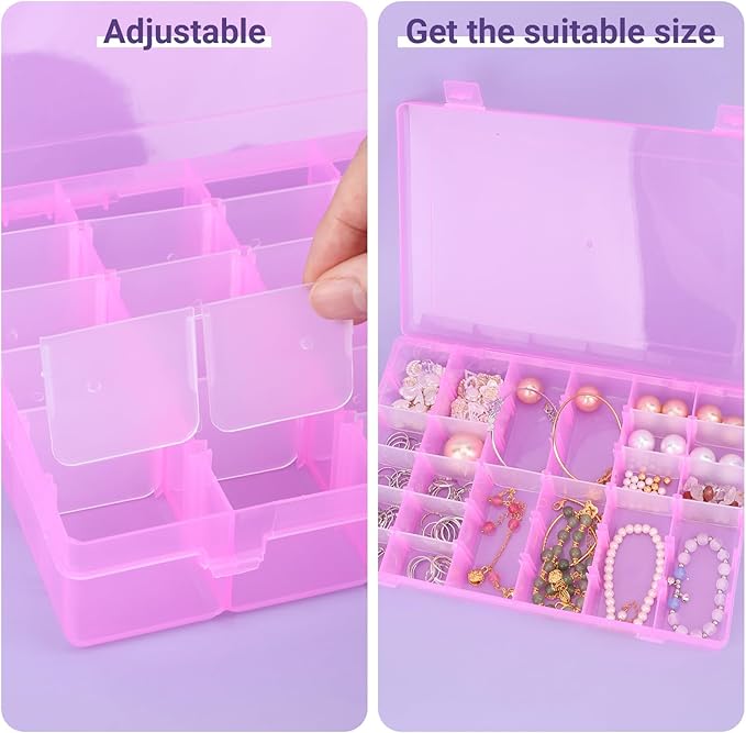 False Nail Container, Cosics Bright Pink 36-Gird Plastic Nail Art Organizers Storage Box with Adjustable Dividers, False Jewelry Diamonds Charms Nail 3D Decorations Manicure Accessory Holder Case-NeatNest