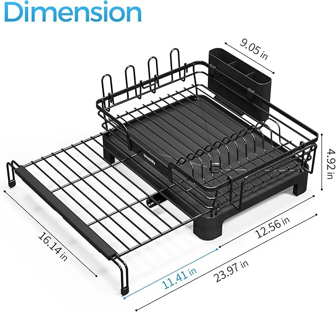 Dish Drying Rack, Extendable Dish Rack for Kitchen Counter, Large Sink Drying Dish Drainer, Stainless Steel Dish Strainer with Drainboard & Cups Holder, Black
