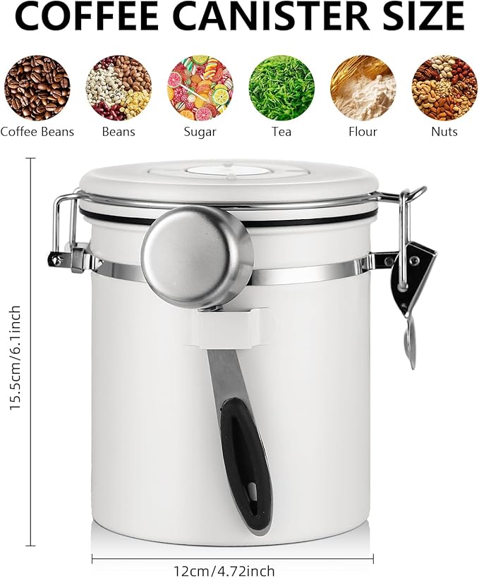 Bincoo Coffee Canister, Airtight Stainless Steel Coffee Bean Storage Container with Date Tracker, Home Kitchen Food Storage Organizers for Grounds,Beans,Espresso,Sugar,Scoop,Bar (1200ML-White)-NeatNest