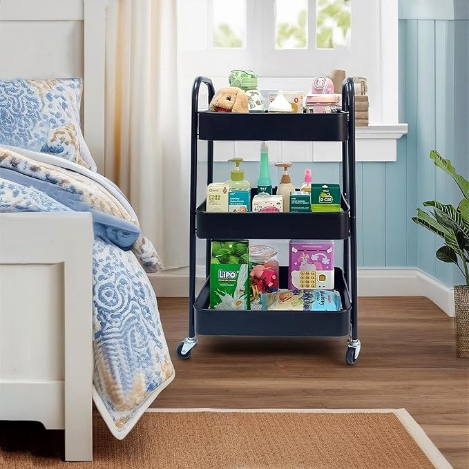 SETTFRFE 3 Tier Rolling Cart Metal,File and Art Cart with Wheels,Storage Shelf Organizer Cart for Bathroom,Office,Kitchen,Black-NeatNest