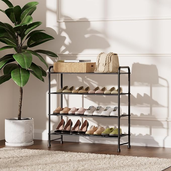4-Tier Short Metal Shoe Rack,Extra Large Capacity Adjustable Stackable Shoe Organizer Shelf for Closet Entryway, Bedroom,Living Room, Floor,Hallway Shoe Shelf,Black 28" W × 32.3" H-NeatNest