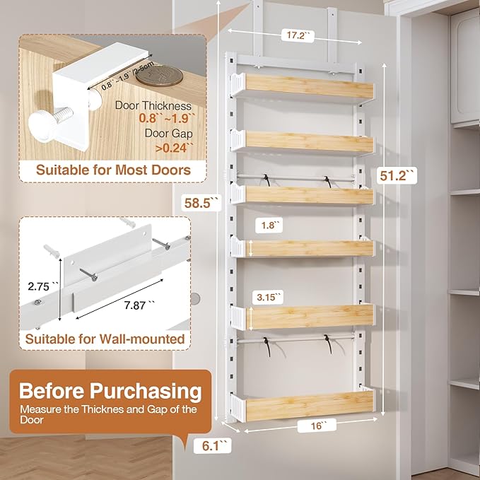 6-Tier Over The Door Pantry Organizer, Heavy-Duty Metal Wall Mount or Hanging Spice Rack, behind the door storage Shelves with Adjustable Basket, Back of Door Organizer for Kitchen Cabinet and Closet