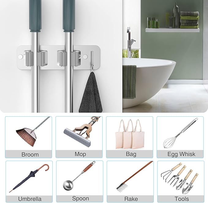 Mop Broom Holder Wall Mounted SUS304 Stainless Steel, Mop Broom Organizer with 2 Installation Methods (No Drilling&Screw Drilling Installation 2 In 1), Mop Hanger Heavy Duty with Hooks, 2PCS-NeatNest