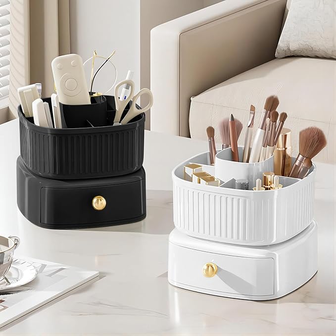 DASITON Stackable Makeup Organizer,Makeup Brush Holder With 360°Rotating Makeup Organizer Tray,Cosmetic Holder Shelf(Black)-NeatNest