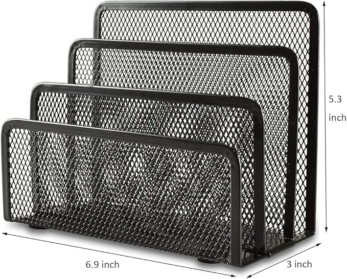 EASEPRES Desk Mail Organizer, Office Small Desktop Metal Mesh Envelope Letter Sorter Paper File Holder Organizer with 3 Vertical Upright Compartments, Black 1 Pack