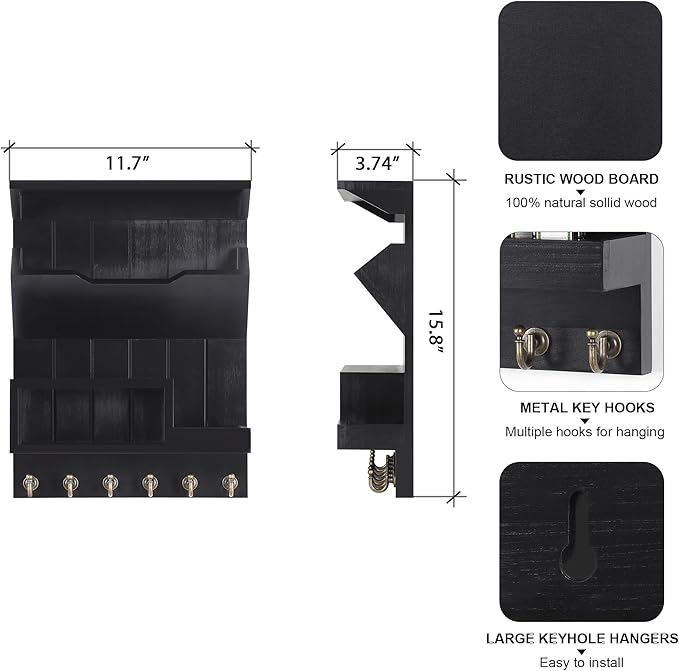 DOPACE Key Holder for Wall, Mail Organizer Wall Mounted, Mail and Key Organizer with 6 Key Hooks for Entryway and Home Decor, Black