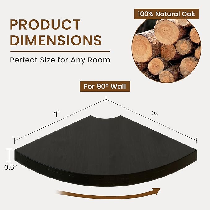 Fun Memories Corner Shelf Wall Mount, Solid Oak Wood Floating Corner Shelves with Cable Hole, 7in Rustic Design for Bedroom, Bathroom, Kitchen, Living Room (Black, 1 Pack)-NeatNest