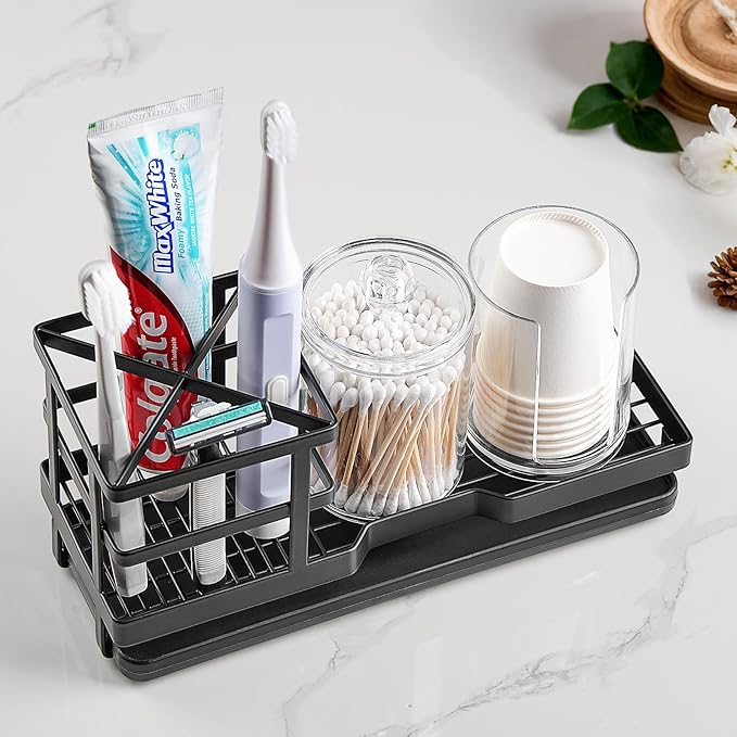 MYITYARD Toothbrush Holders for Bathrooms, Cotton Swabs & Cups Dispenser Set - Metal Electric Tooth Brushing & Toothpaste Countertop Organizer with Drainage for Shower, Sink - Black
