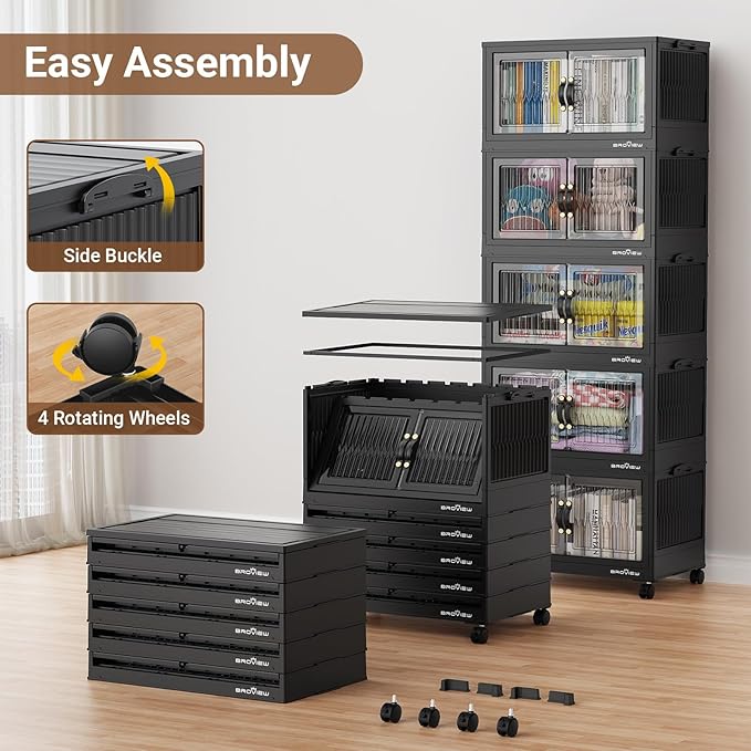 240Qt Stackable Storage Bins with Lid, Extra Large Closet Organizer Collapsible Drawer Boxes with Wheels, Folding Plastic Cabinet Containers for Home Kitchen Room Organization, 3Pack Black